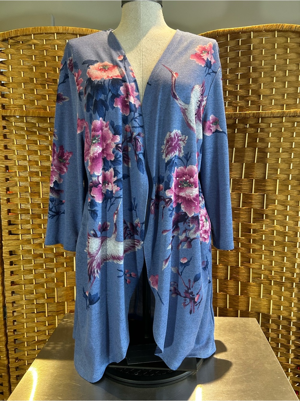 Floral Bird Print Open Front Duster Cardigan Blue 3/4 Sleeve Long Layering Top